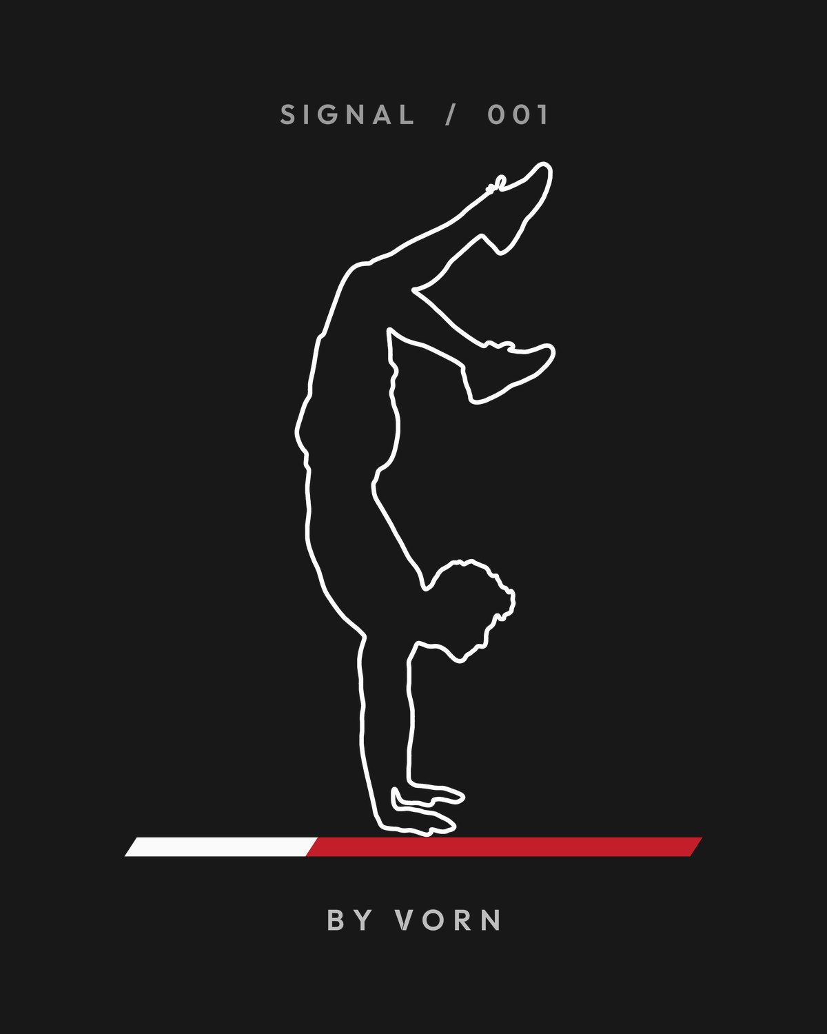 Handstand back print: white outline of a handstand above a white and red bar